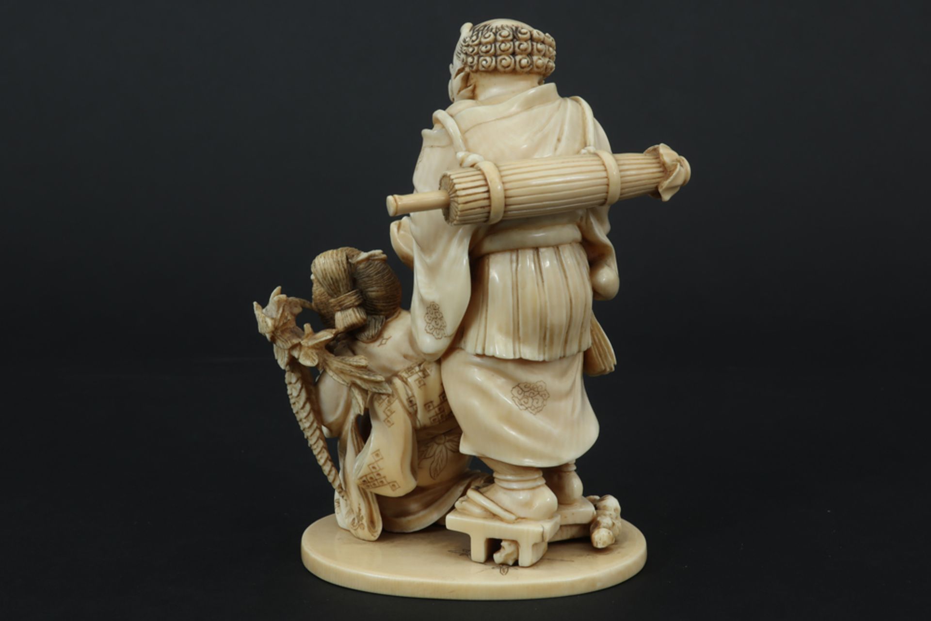 19th Cent. Japanese "Demon and Lady" sculpture in marked ivory - with EU CITES certification || - Image 3 of 5
