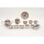 18th Cent. Chinese 13pc teaset in porcelain with Famille Rose decor with cups and saucers,