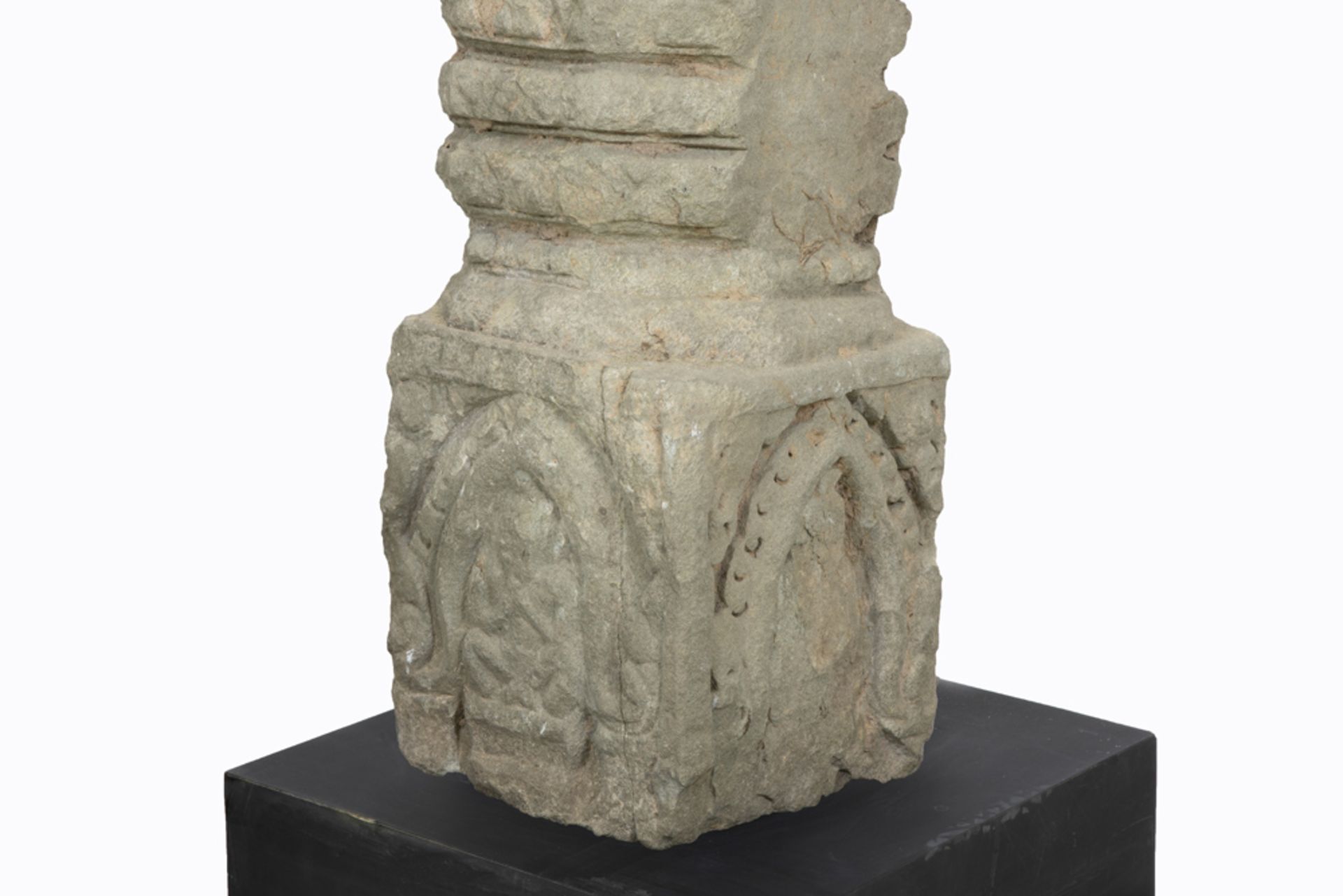 12th Cent. Cambodian pair of Angkor period Khmer pillars in stone with typical ornamentation and - Image 2 of 4
