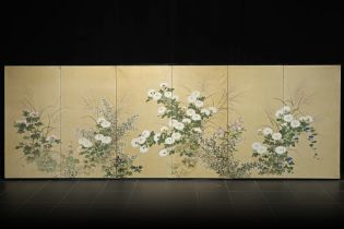 antique Japanese screen with six painted panels with the representation of flower arrangments ||