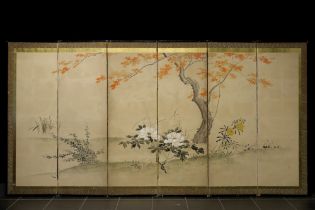 antique Japanese screen with six painted panels with the representation of landscape with tree and