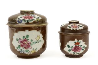 two 18th Cent. Chinese lidded jars in 'Capucin (café au lait)' porcelain with Famille Rose
