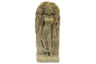 12th Cent. Indian Chandella Dynasty sandstone "crowned and four-armed Parvati" sculpture ||
