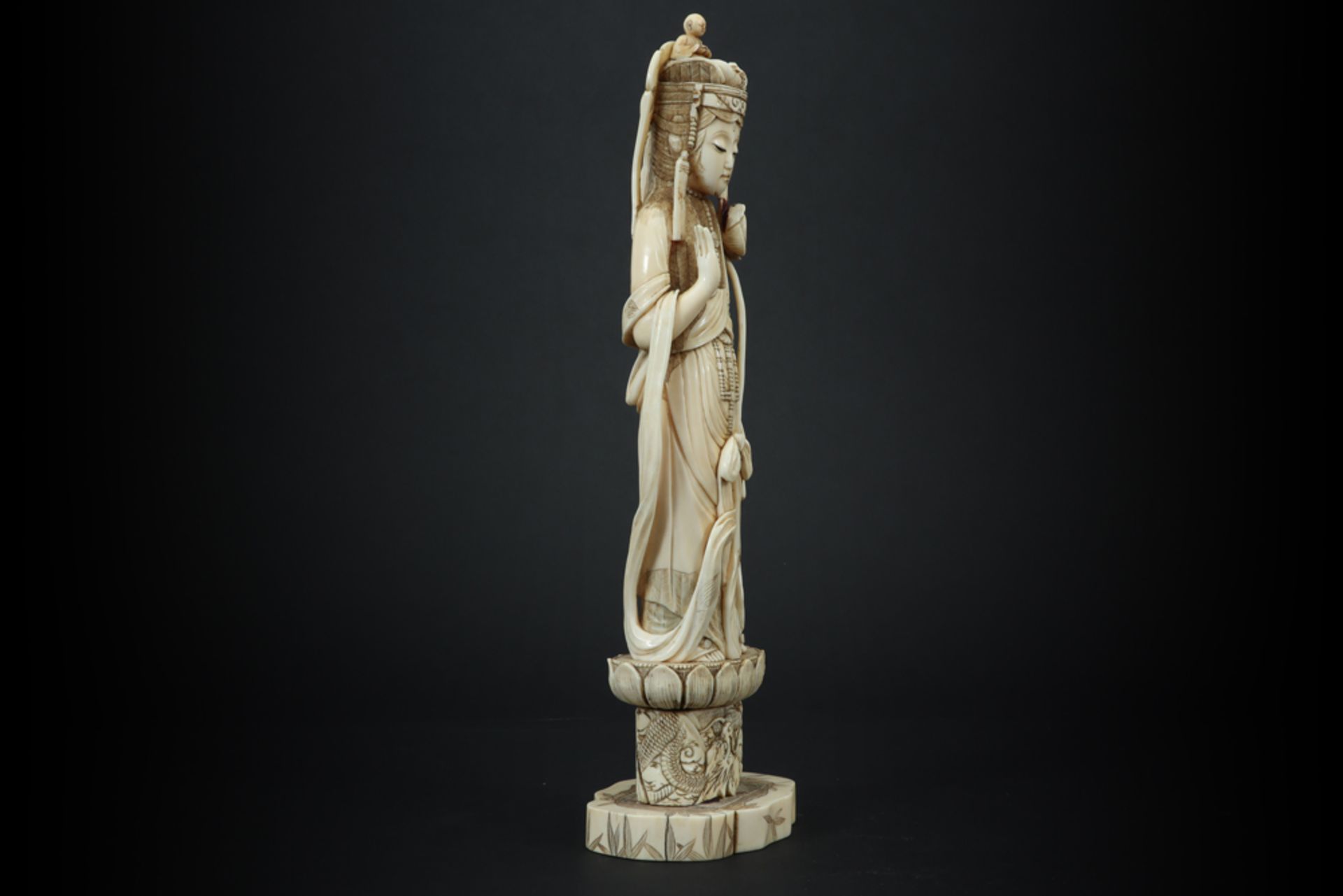 antique Japanese "Quan Yin" sculpture in ivory - with EU CITES certification || Antieke Japanse - Image 3 of 6
