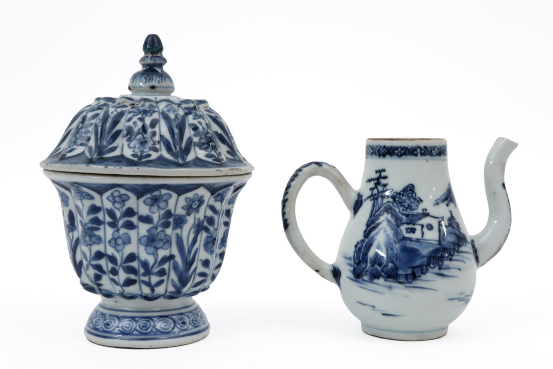 two pieces of 18th Cent. Chinese porcelain with a blue-white dcor : a small jug and a Kang Hsi