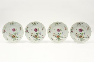 series of four 18th Cent. Chinese plates in porcelain with Famille Rose decor with flowers ||