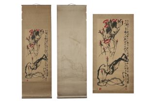 'antique' Chinese scroll with flower painting || 'Antieke' Chinese scroll met schildering met