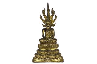 19th Cent. Siamese Rattanakosin period "Buddha with Naga nimbus" sculpture in gilded bronze with