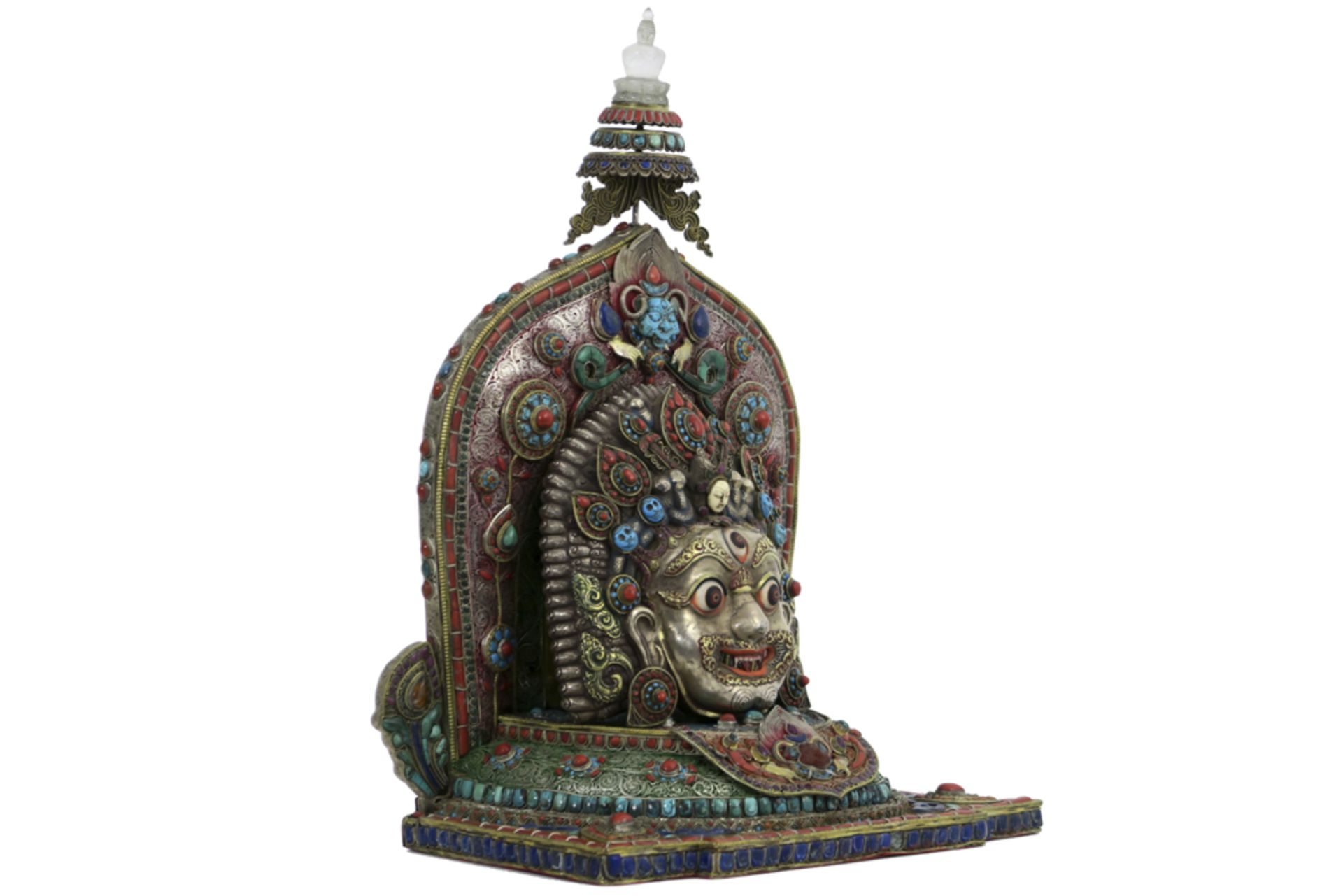 very nice old Nepalese house temple sculpture with a "Bhairava" mask - in silver, adorned with - Bild 2 aus 4