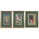 three antique Indian Moghul paintings, each with a miniature || Lot van drie antieke Indische Moghul