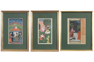 three antique Indian Moghul paintings, each with a miniature || Lot van drie antieke Indische Moghul