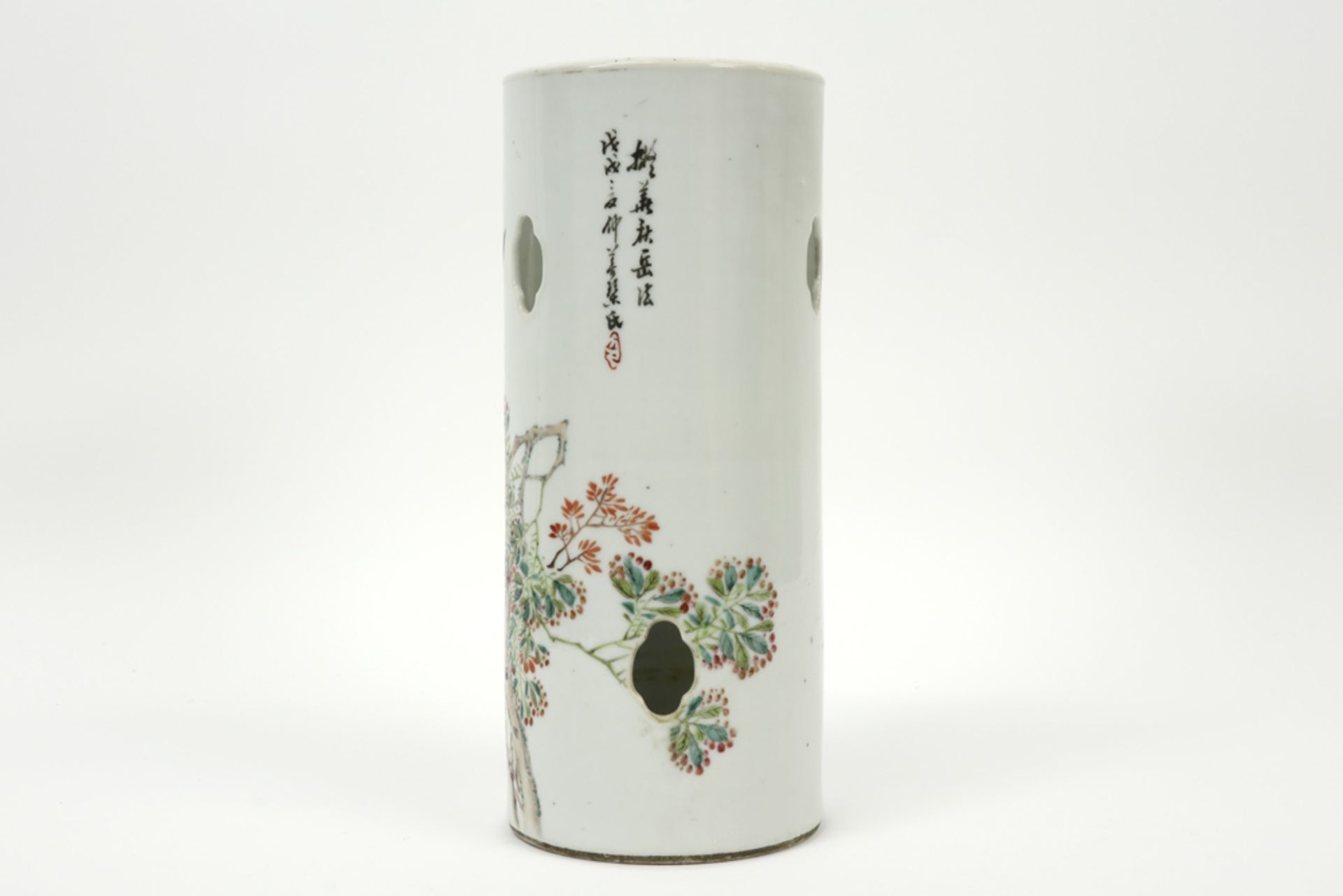antique Chinese hat's stand in porcelain with a polychrome decor with a bird on a blossoming - Image 2 of 5