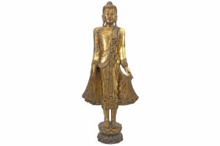 big 19th Cent. Burmese Mandalay period "Standing Buddha" sculpture in wood with well preserved
