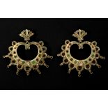 pair of antique ethnic Indian earrings in gilded silver with emerald, ruby, sapphire and