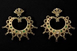 pair of antique ethnic Indian earrings in gilded silver with emerald, ruby, sapphire and