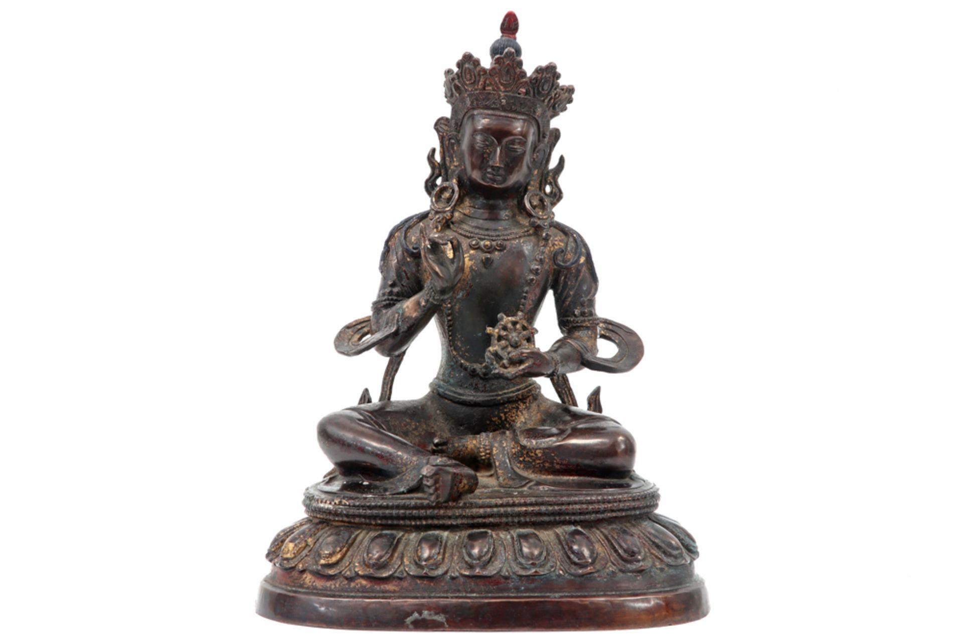 old Himalayan, presumably Nepalese, "Sitting Aalokitesvara with Ruyi wheel" sculpture in a copper