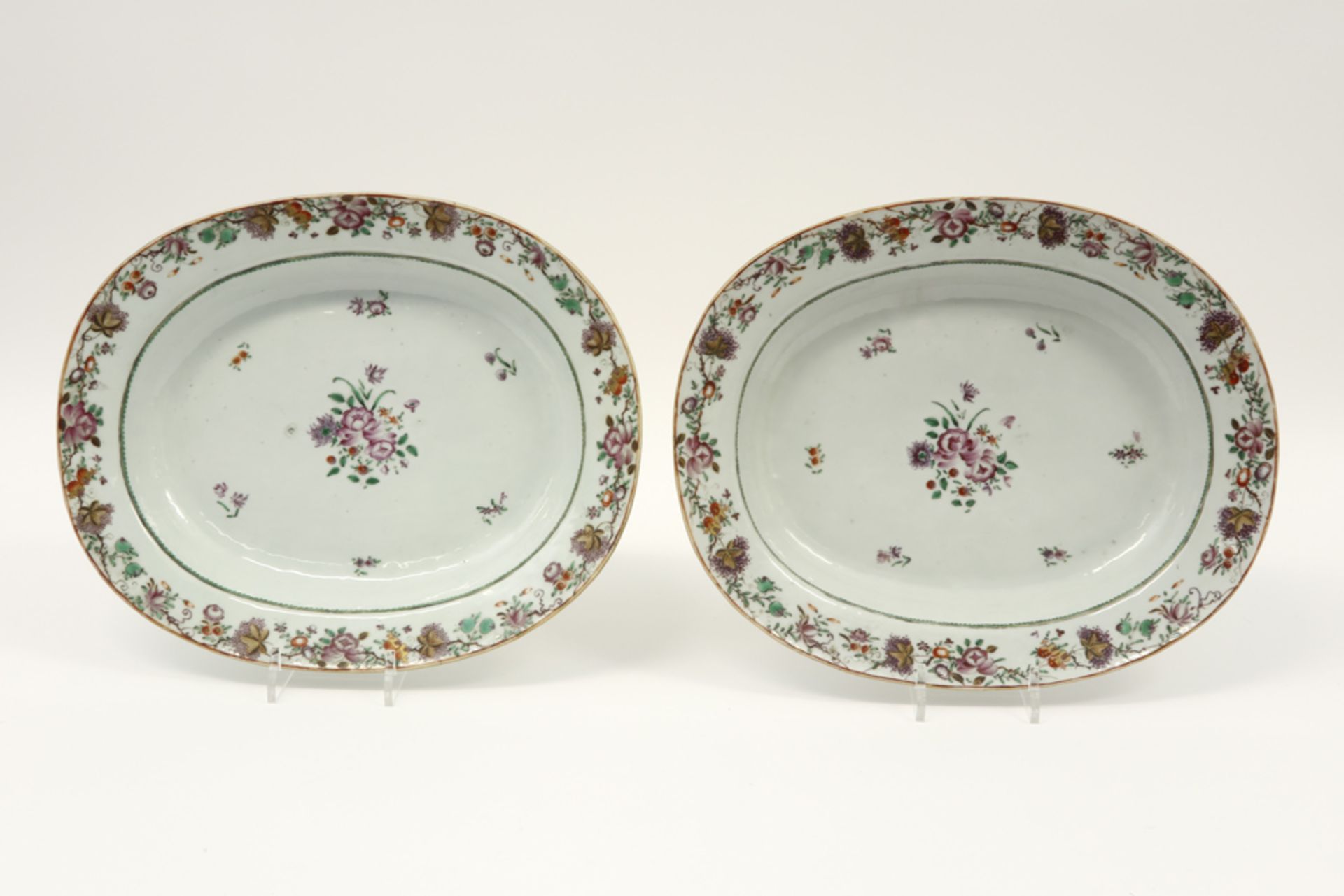 pair of quite big oval 18th Cent. Chinese (serving) dishes in porcelain with a floral Famille Rose