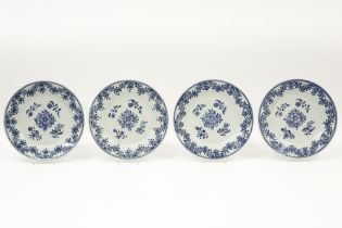 series of four 18th Cent. Chinese plates in porcelain with floral blue-white decor || Serie van vier