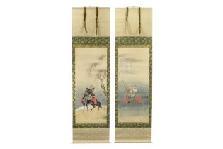 pair of antique Japanese scrolls each with a painting with a horseman in a landscape || Paar antieke