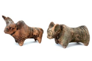 two Baluchistan Indus Culture Nindowari Zebu sculptures in painted earthenware || OUD-WEST