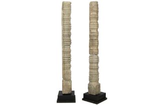 12th Cent. Cambodian pair of Angkor period Khmer pillars in stone with typical ornamentation and