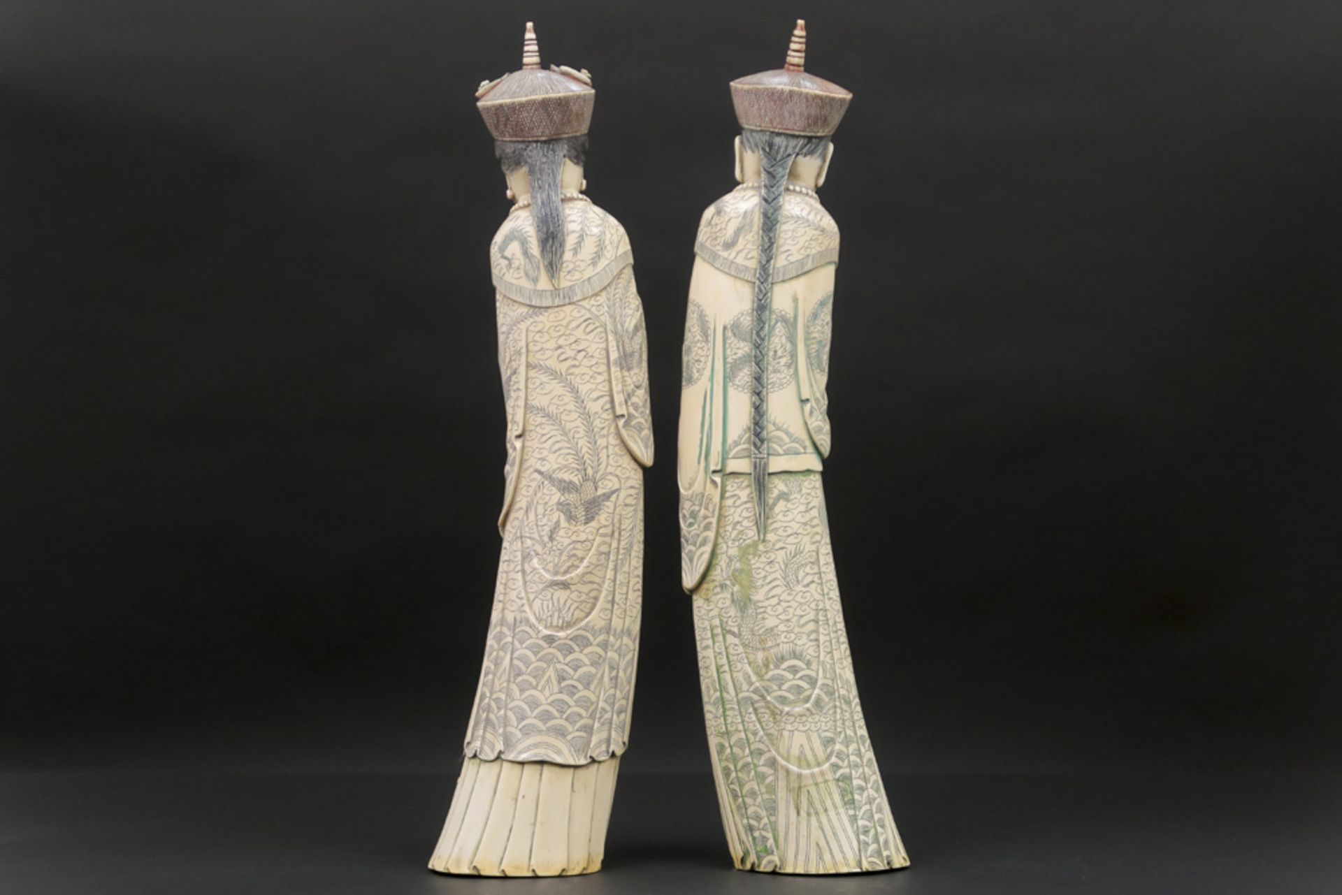 pair of big Chinese "Emperor and Empress" sculptures in ivory - with EU CITES certification || - Image 4 of 5