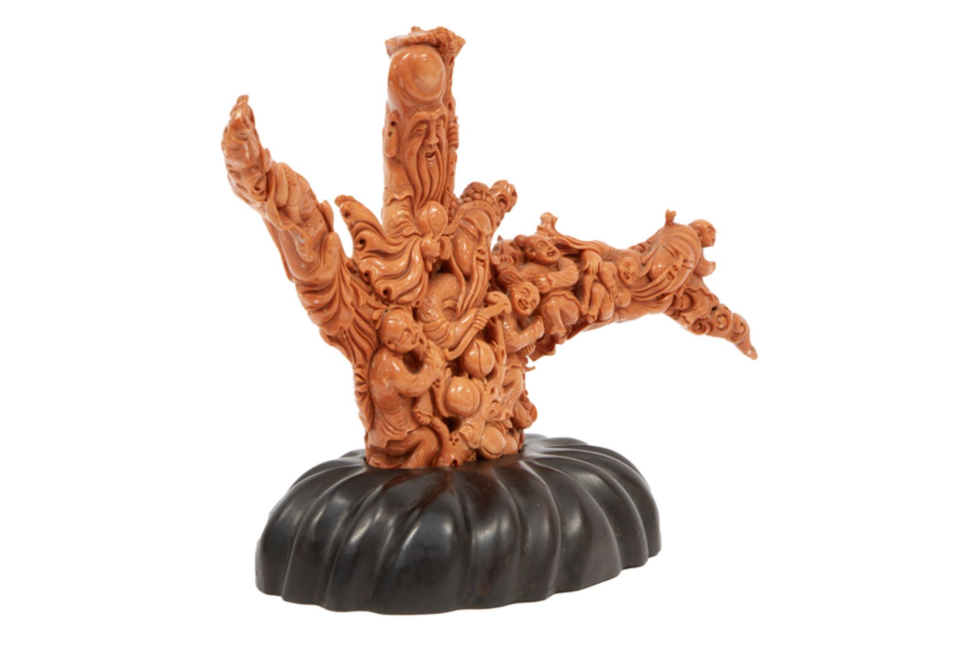 antique Chinese Qing dynasty coral sculpture (ca 1250 gr) with the representation of several Sages - Image 3 of 4