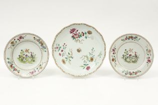 two 18th Cent. Chinese plates and a dish in porcelain with a 'Famille Rose' decor with birds in a
