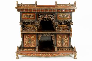 antique Chinese Qing period house altar in reed lacquered wood and with the design of a house with