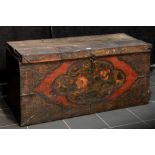 'antique' Tibetan monastery chest in wood with polychrome gesso lacquerware and iron mountings ||