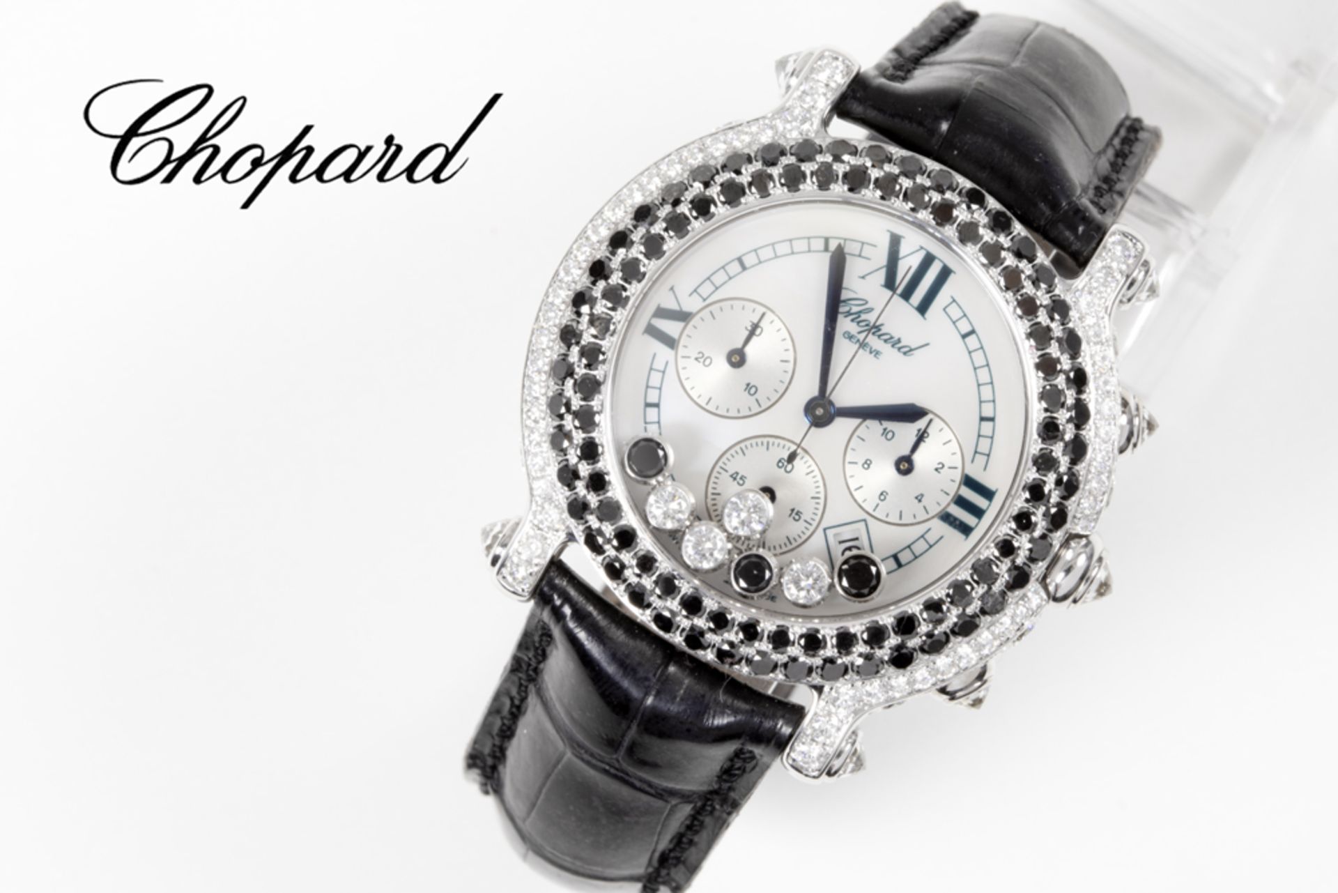 completely original Chopard marked quartz chrono "Happy Sports Diamond" wristwatch in white gold (18