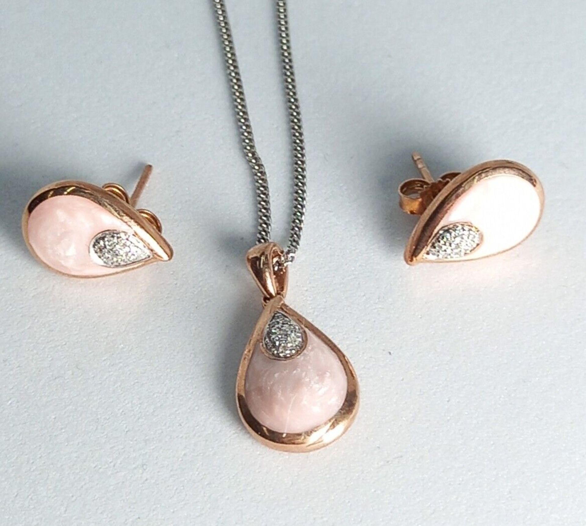 PENDANT & EARRING SET/CERAMIC & DIAMONDS BABY PINK/ROSE STERLING SILVER - Image 2 of 5