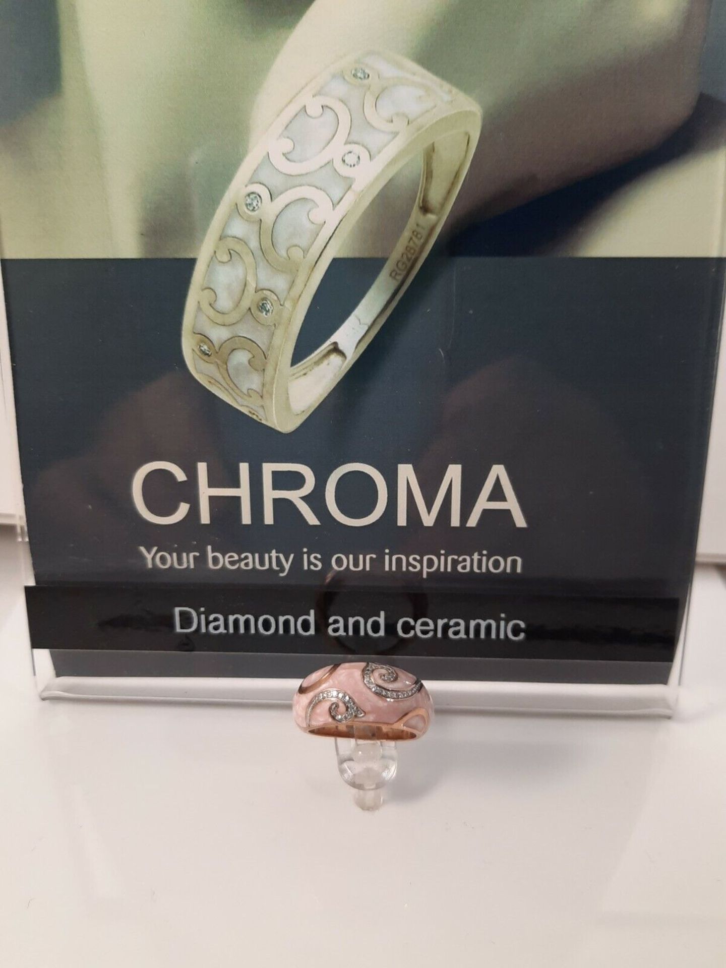 CERAMIC & 0.10CT DIAMONDS RING/PINK ROSE SILVER - Image 8 of 9