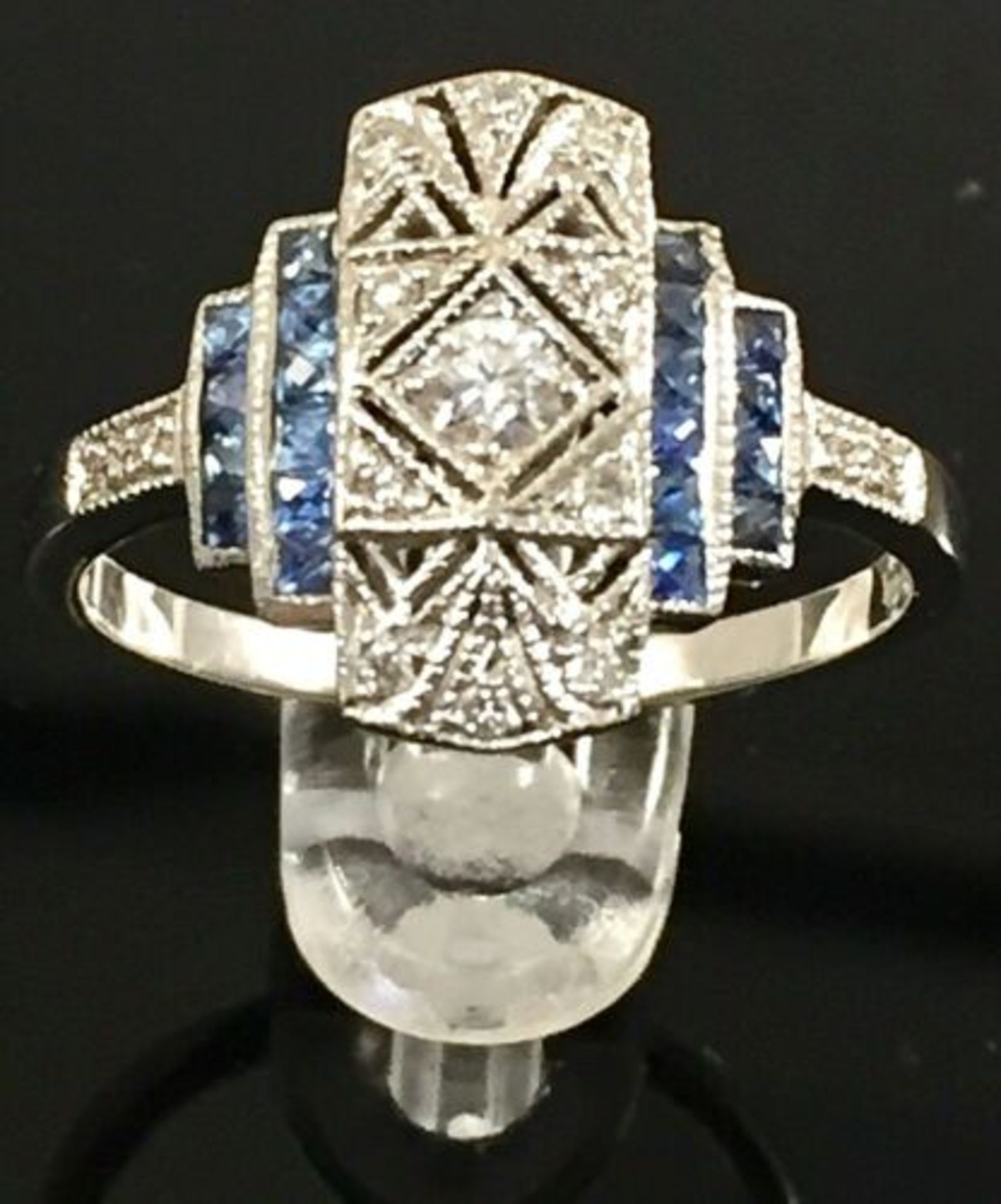 DIAMOND AND SAPPHIRE ART NOUVEAU STYLE DRESS RING IN WHITE GOLD