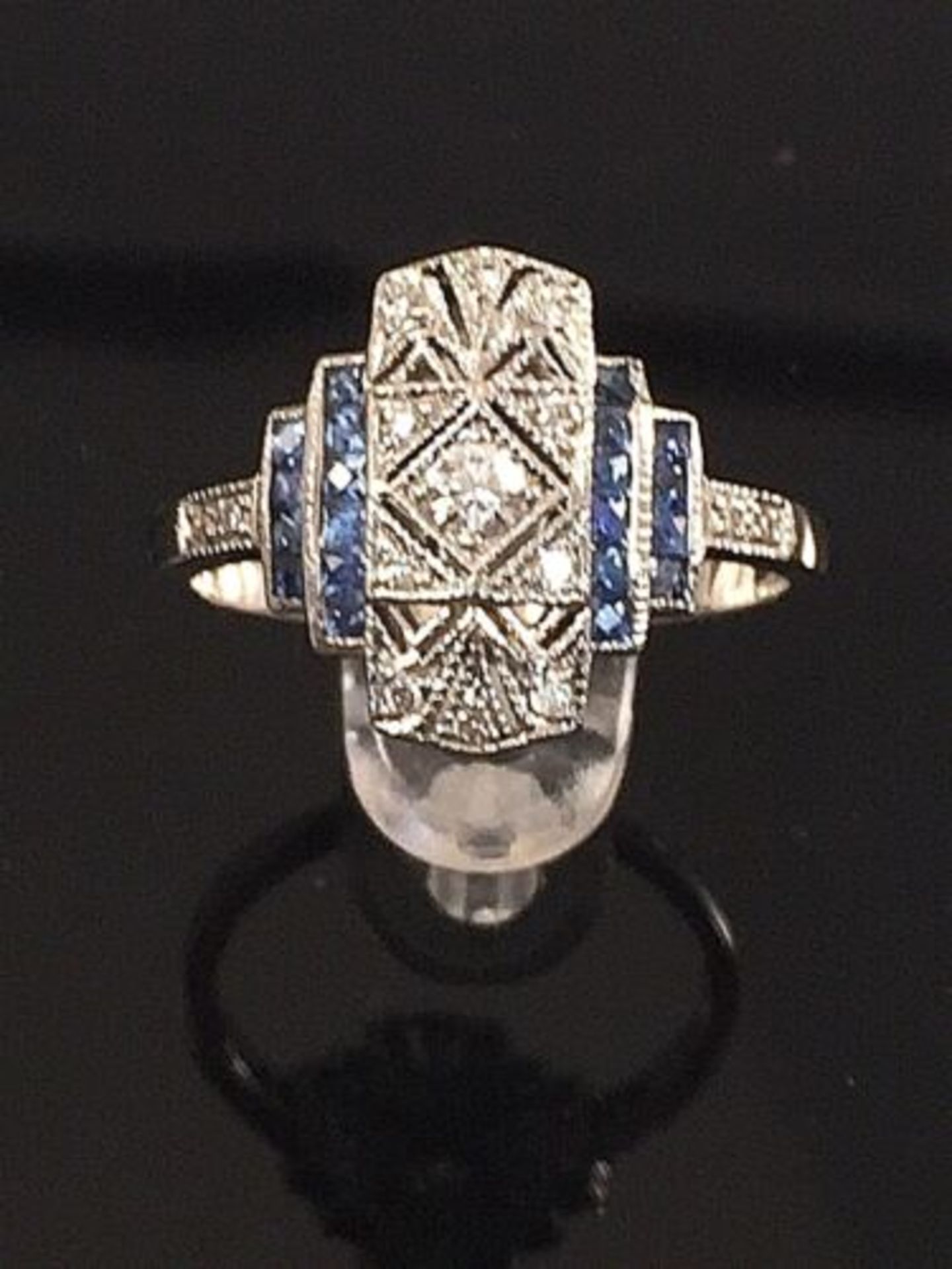 DIAMOND AND SAPPHIRE ART NOUVEAU STYLE DRESS RING IN WHITE GOLD - Image 5 of 6