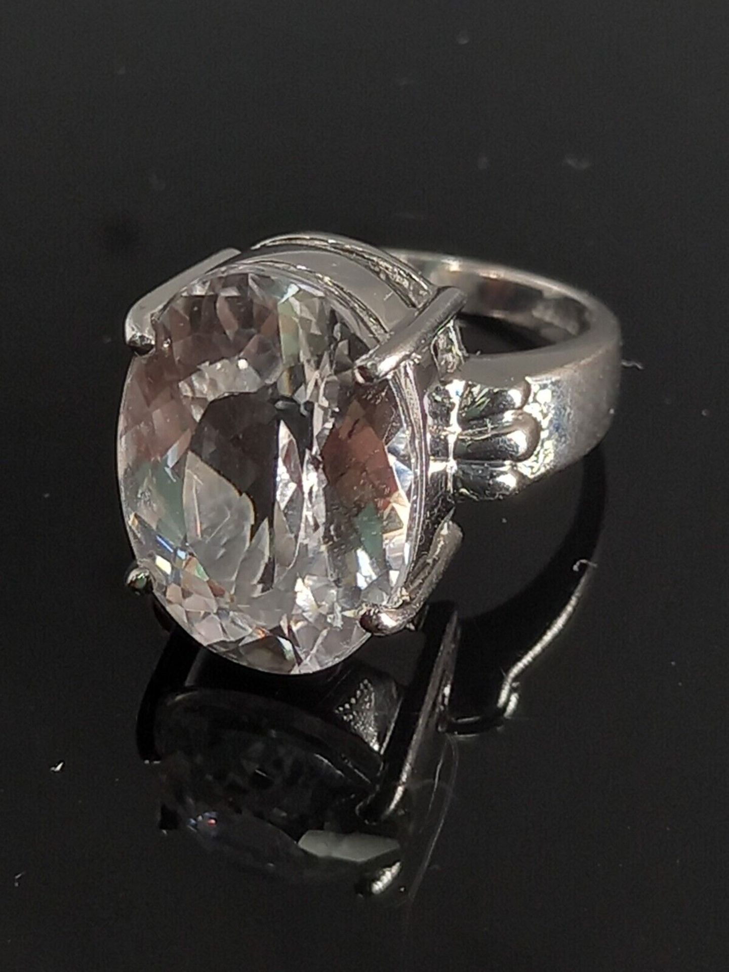 LARGE OVAL QUARTZ CRYSTAL WHITE GOLD RING