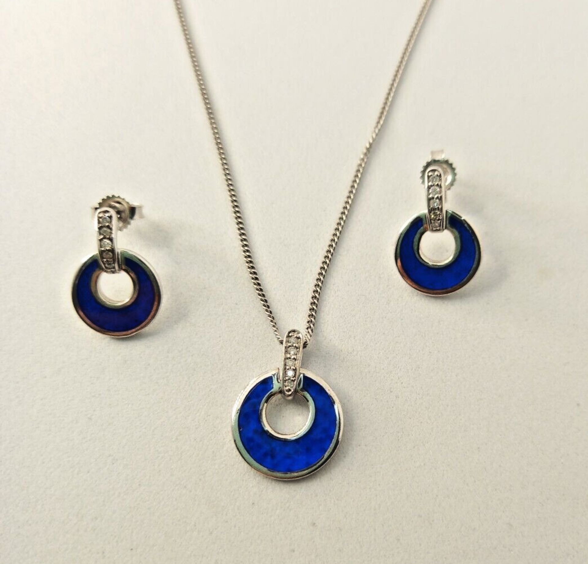 PENDANT & EARRING SET/CERAMIC & DIAMONDS ROYAL BLUE /STERLING SILVER - Image 3 of 3