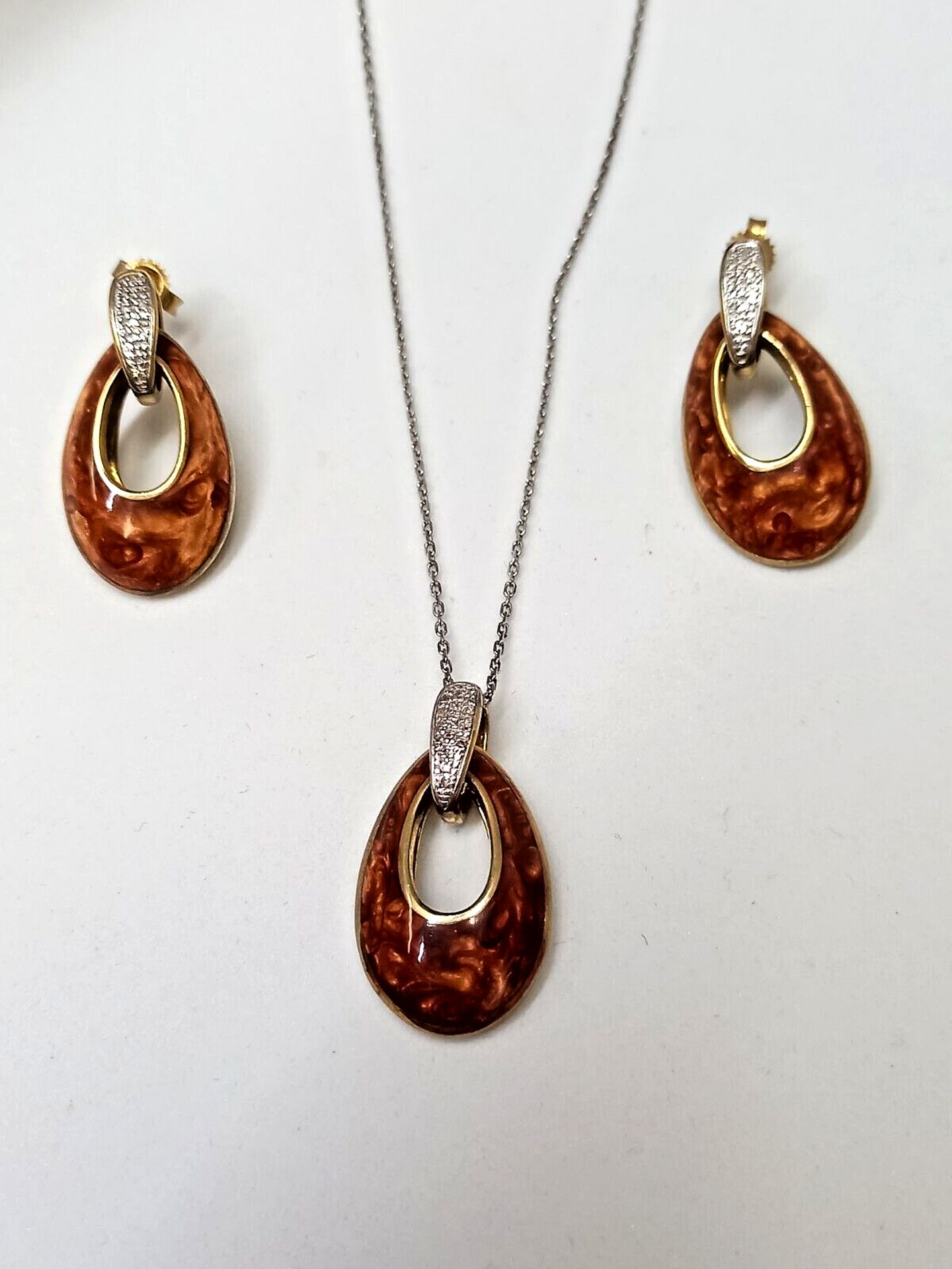 PENDANT & EARRING SET/CERAMIC & DIAMONDS /STERLING SILVER