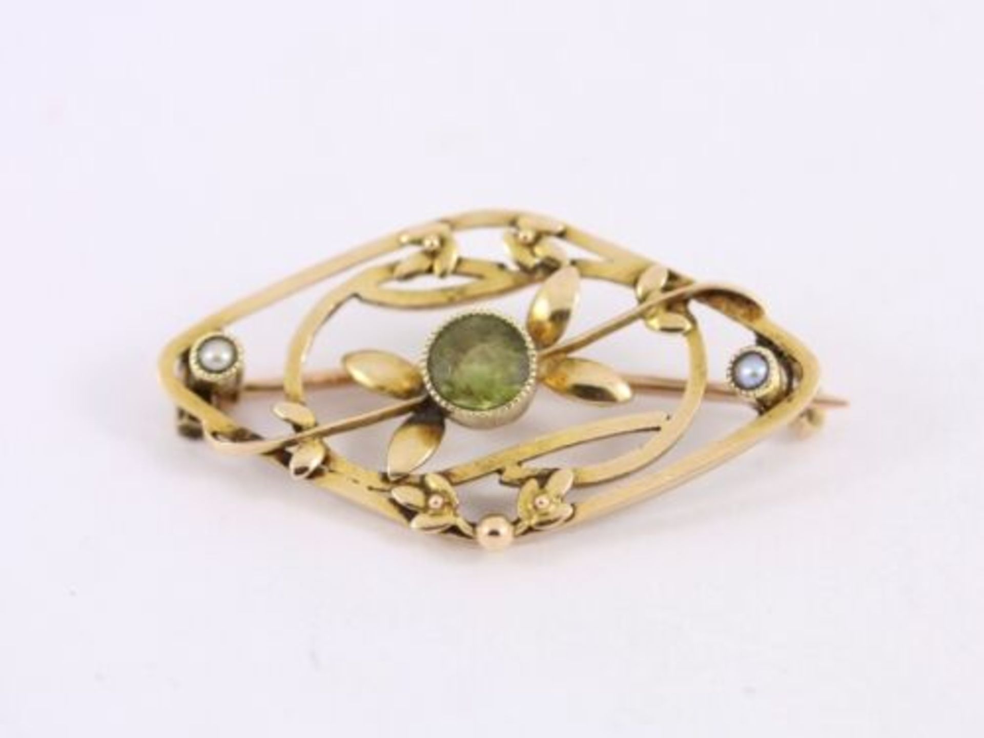 PERIDOT AND SEED PEARL BROOCH 15CT GOLD LADIES VINTAGE STUNNING 3G AU68