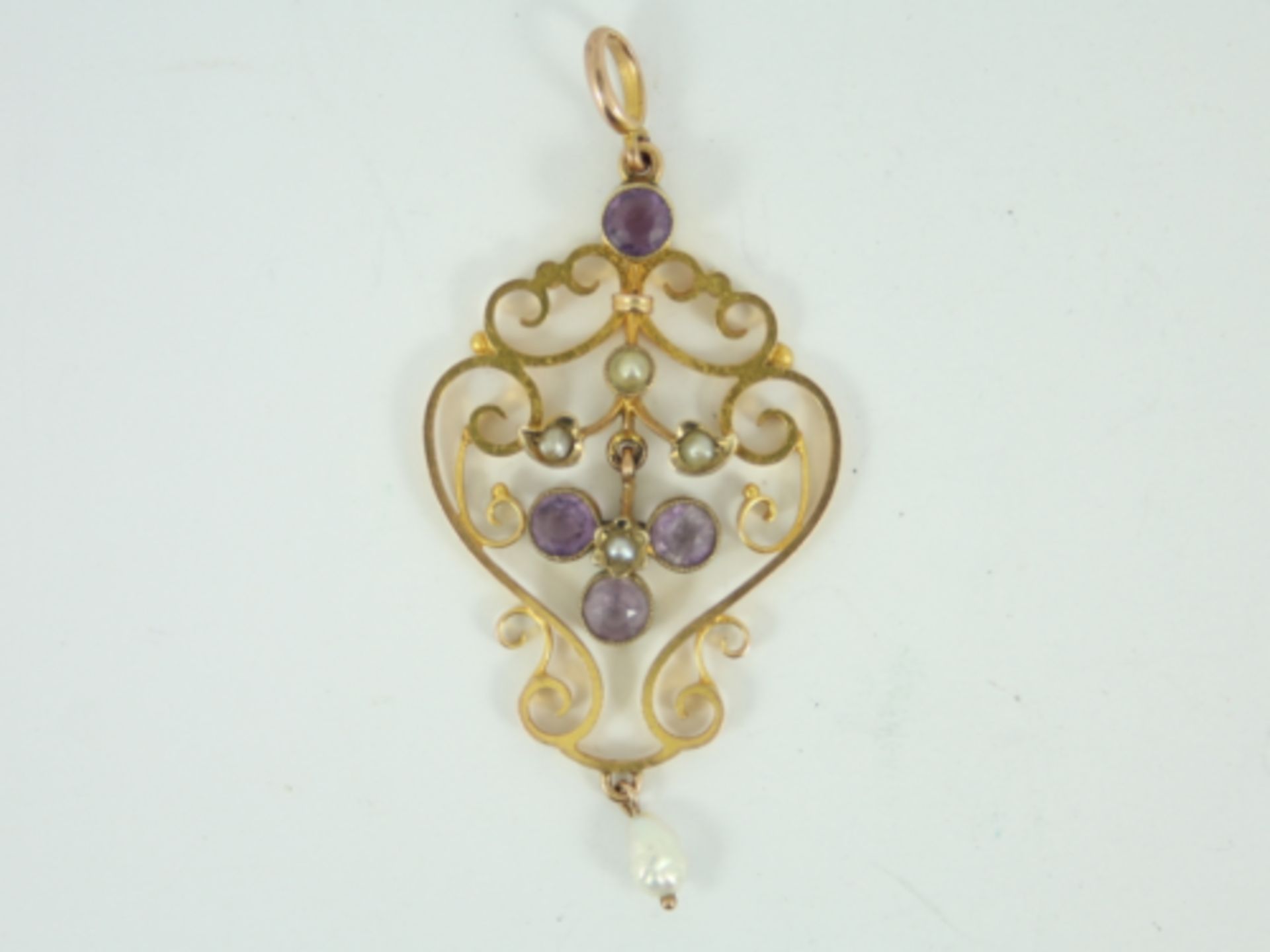 VINTAGE AMETHYST & SEED PEARL PENDANT 9CT GOLD LADIES 375 3.6G FE52