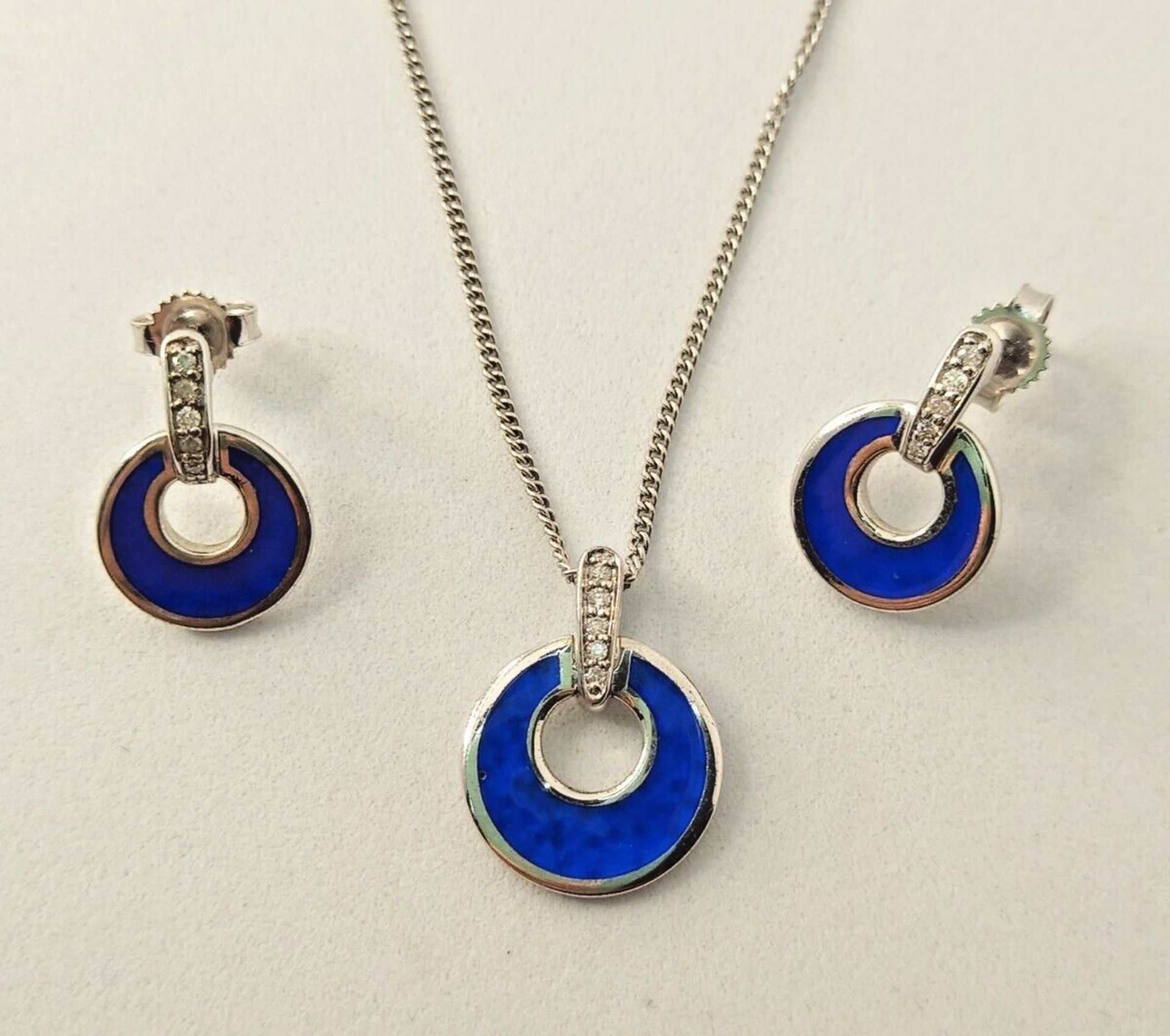 PENDANT & EARRING SET/CERAMIC & DIAMONDS ROYAL BLUE /STERLING SILVER