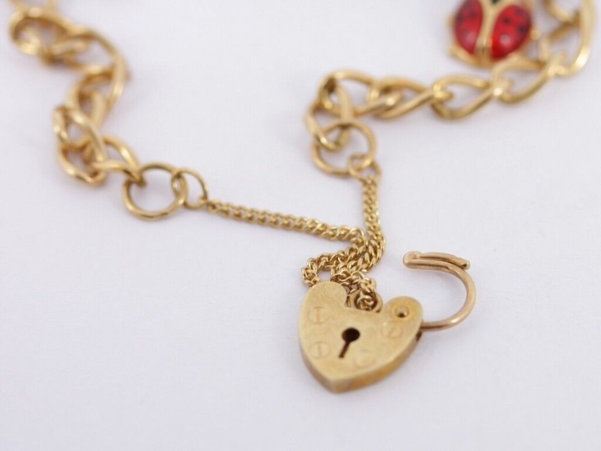 CHARM BRACELET 9CT GOLD HEART LOCKET CLASP CHAIN LINK VINTAGE 8" 375 M25 - Image 3 of 5