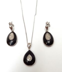 PENDANT & EARRING SET/CERAMIC & DIAMONDS /STERLING SILVER