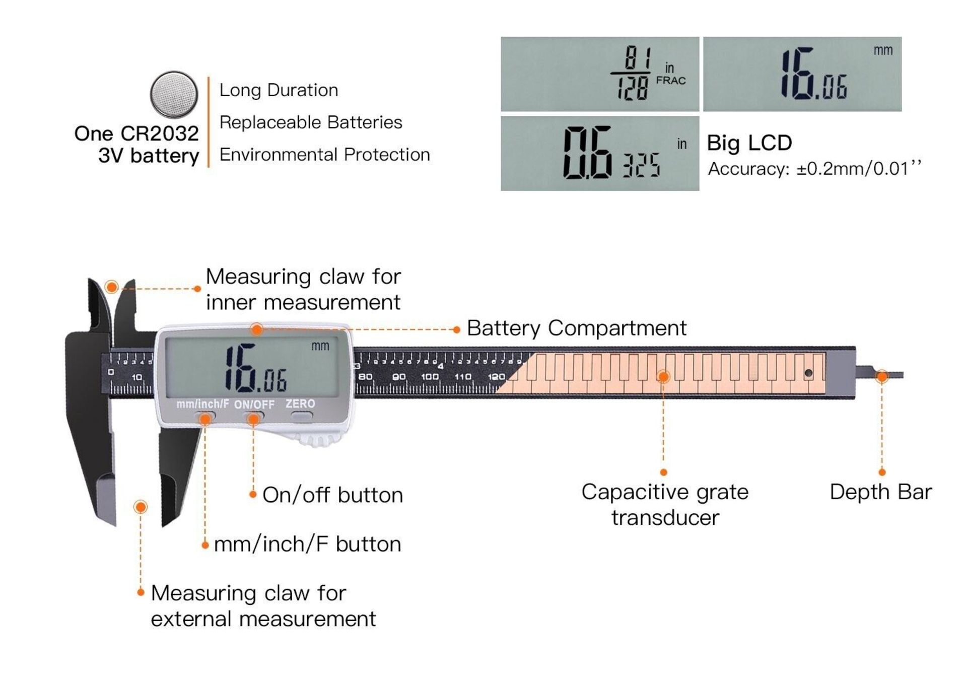 3X DIGITAL CALIPER 150 MM TACKLIFE DC01, LARGE LCD DISPLAY, ADJUSTABLE ACCURACY, 2 - Image 5 of 7