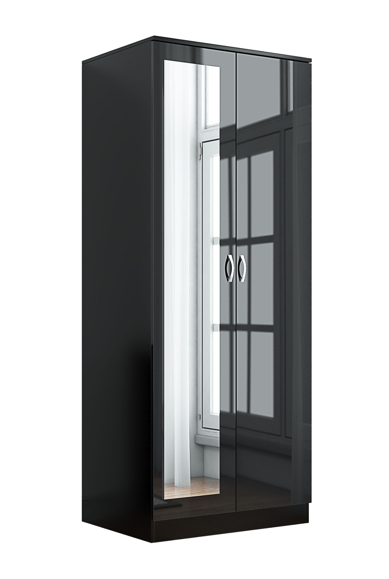 BLACK MIRRORED HIGH GLOSS BEDROOM FURNITURE SET - 2 DOOR WARDROBE, CHEST & BEDSIDE BRAND NEW - Image 3 of 7