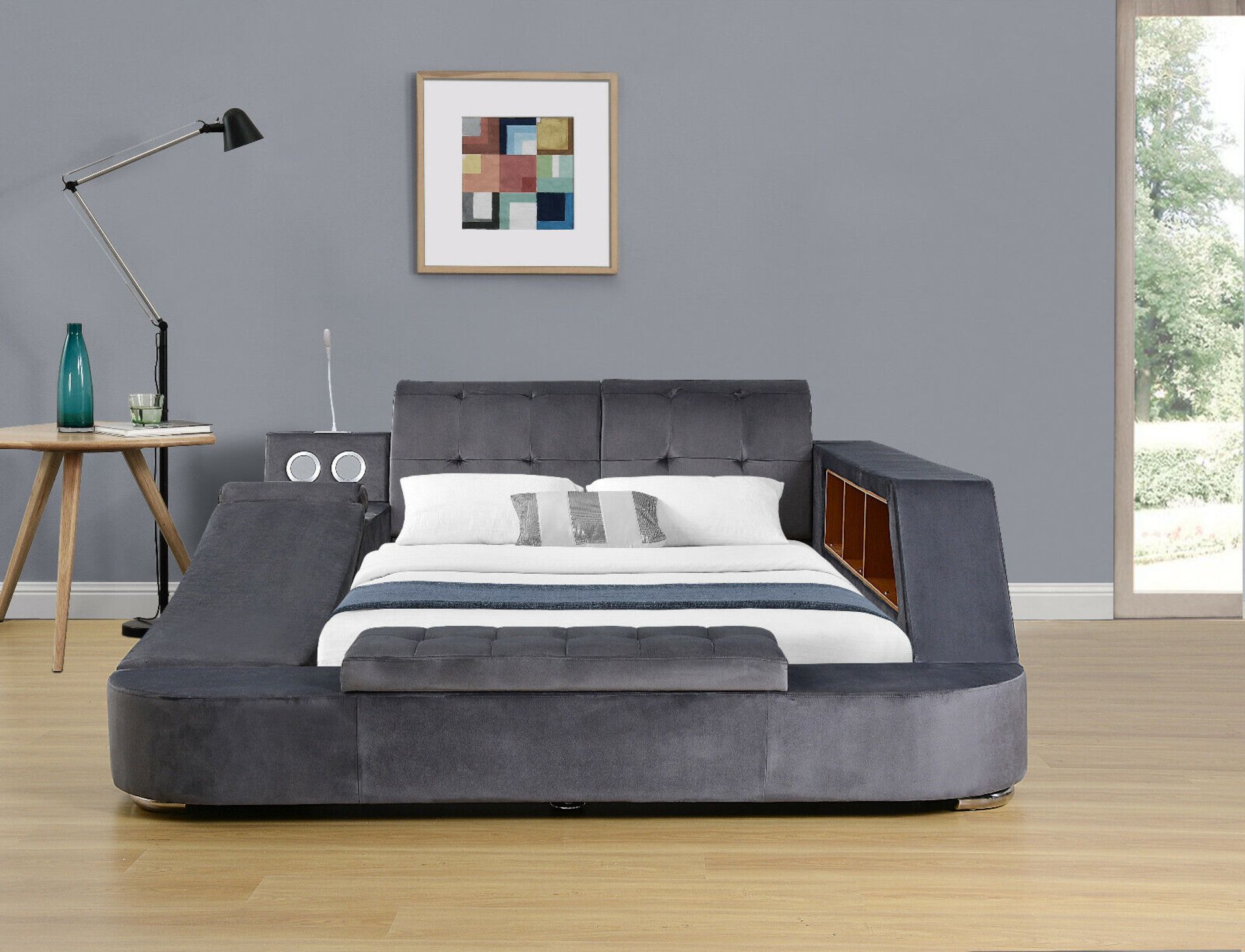 SUPER KING SIZED PLUSH VELVET BED WITH MASSAGE, SPEAKERS, LIGHT, STORAGE, SAFE RRP 2499.99