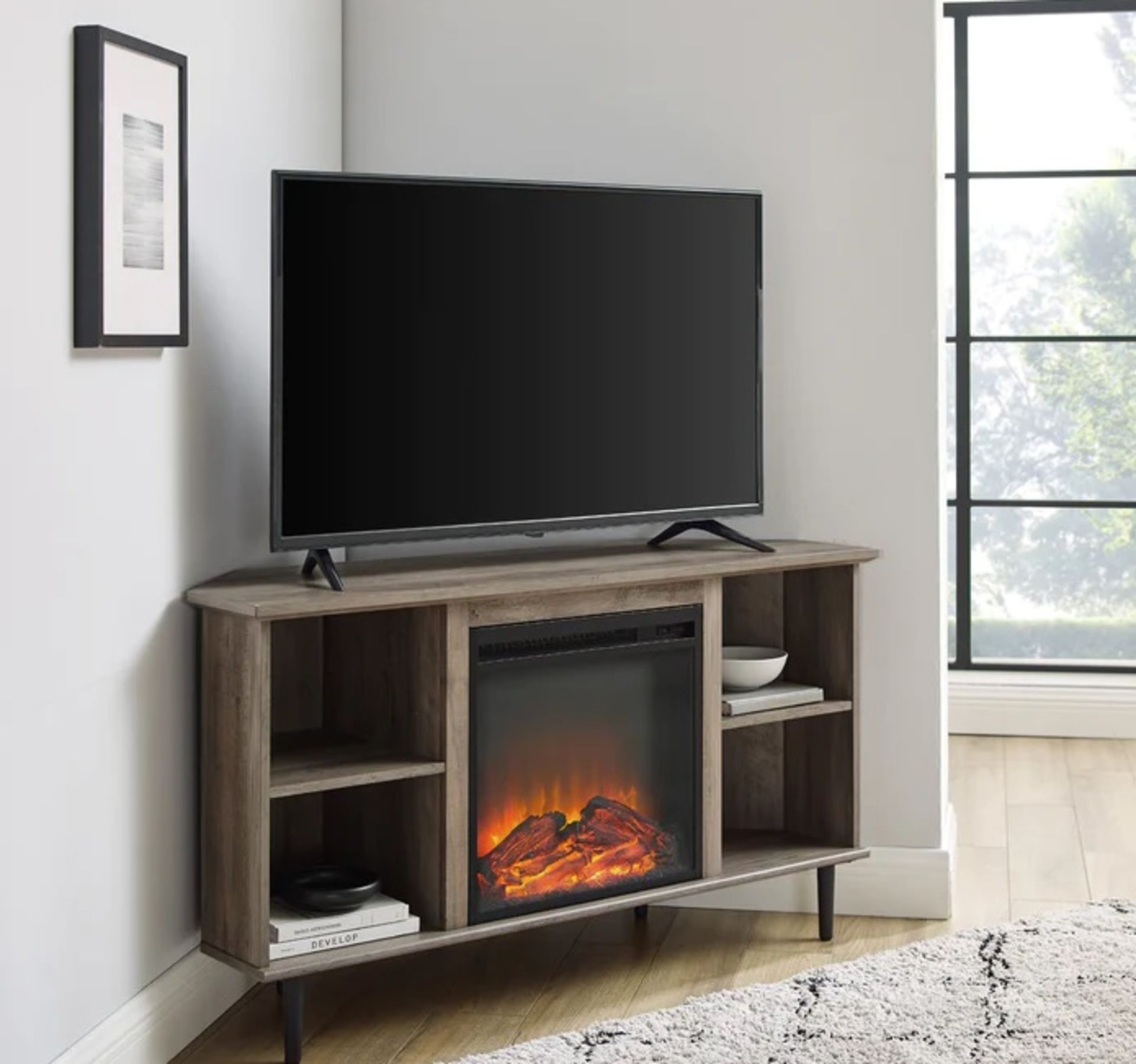 BRAND NEW GREY WASH FIREPLACE CORNER TV UNIT (WITH ELECTRIC FIRE INSERT) RRP £499