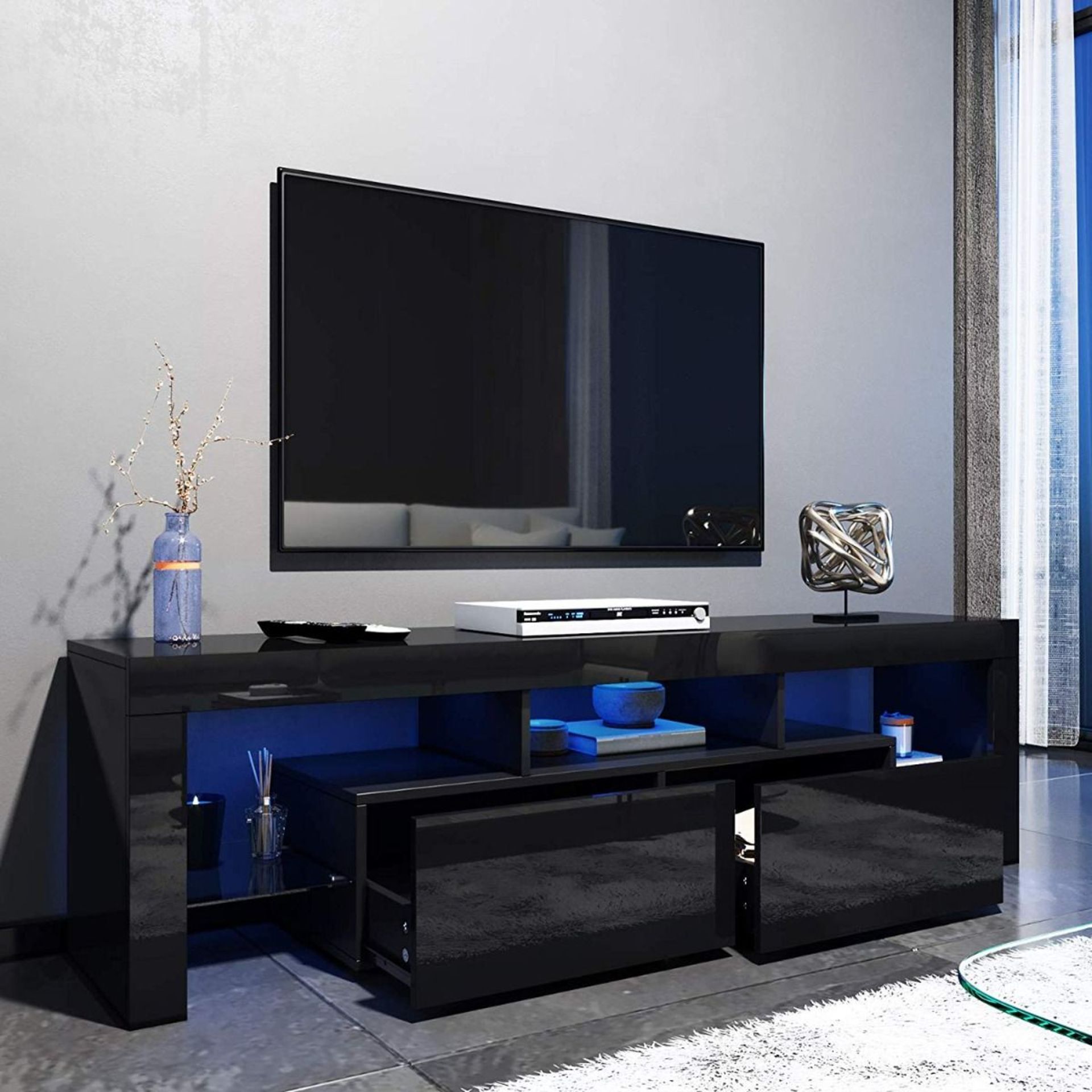 BLACK MODERN 160CM TV UNIT CABINET TV STAND HIGH GLOSS DOORS WITH FREE LEDS - Image 2 of 3