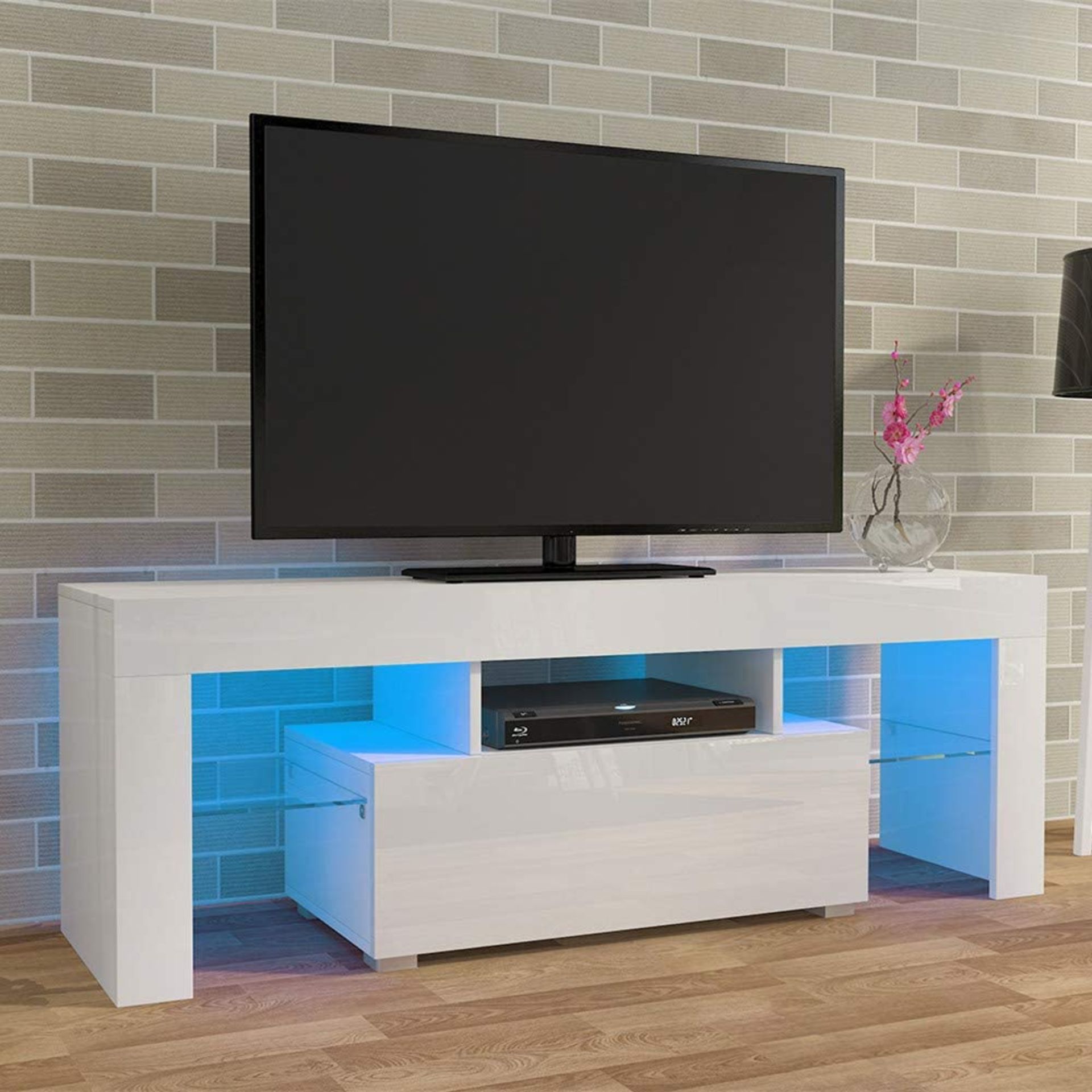 WHITE LED TV CABINET 130CM MODERN HIGH GLOSS DOOR & MATT BODY