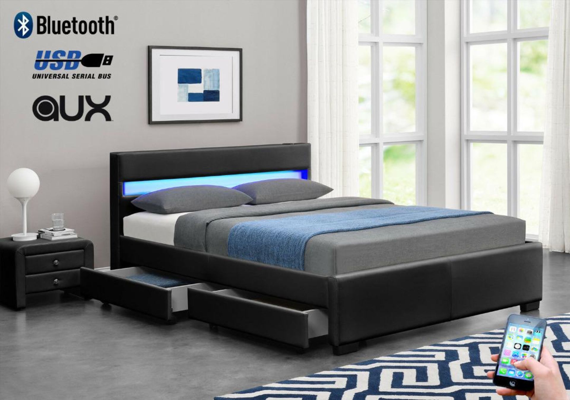 BLACK DOUBLE BLUETOOTH LED FAUX LEATHER BED WITH REMOTRE AND STORAGE